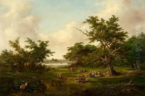 Picnic At Gainsborough Beside The Orwell Oil Painting by Robert Burrows