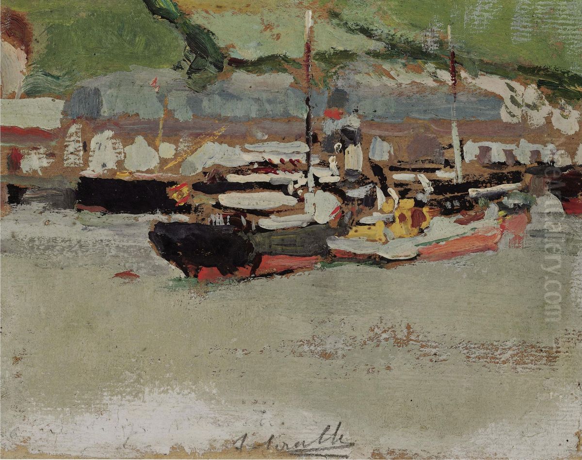 Boats in a harbor Oil Painting by Joaquin Sorolla