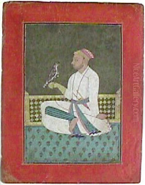 A Pahari raja seated on a terrace holding a hawk Oil Painting by unknown
