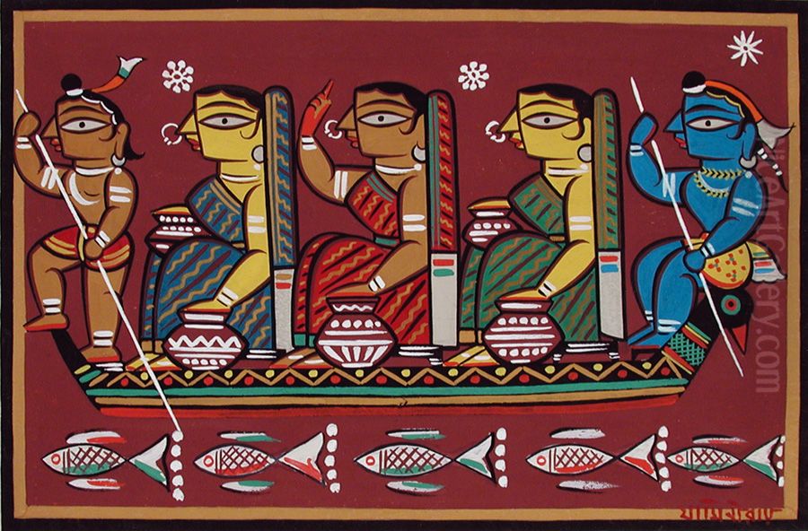 Boating Oil Painting by Jamini Roy