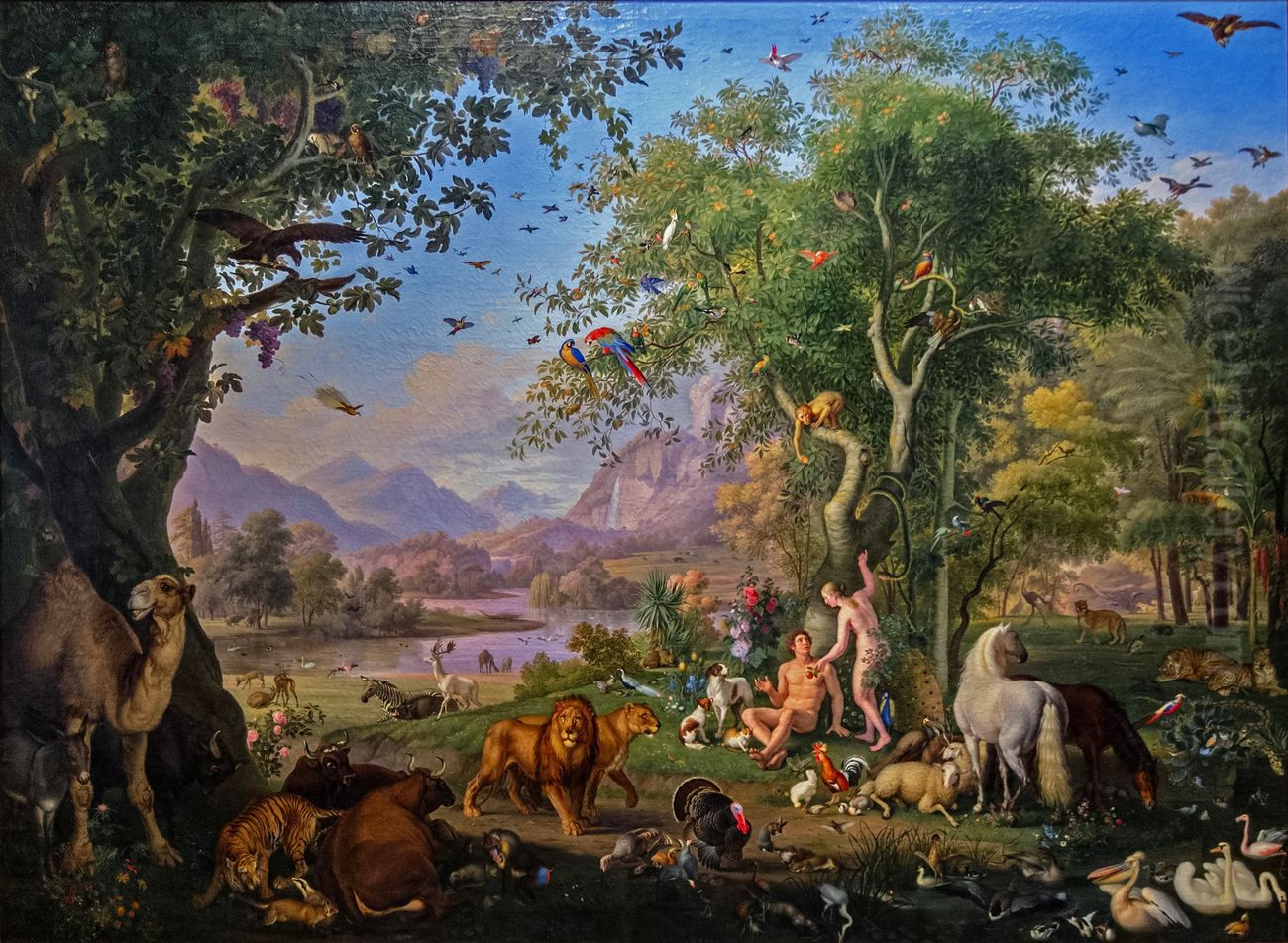Adam and Eve in the Garden of Eden / Adam and Eve in the earthly paradise Oil Painting by Johann Wenzel Peter