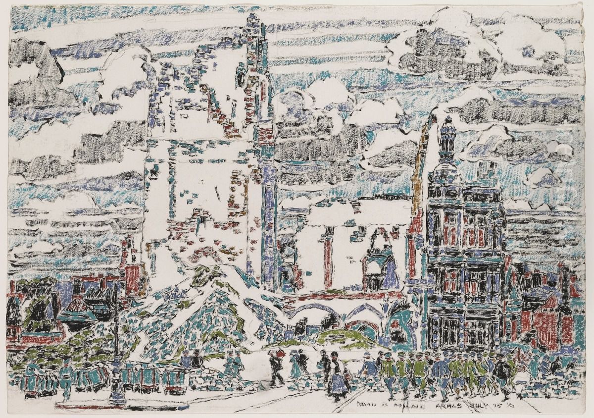The Belfry, Hotel de Ville, Arras, on a Cloudy Day Oil Painting by David Milne