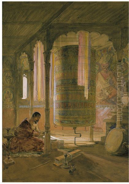 Lama in a monastery working the prayer wheels Oil Painting by William Simpson