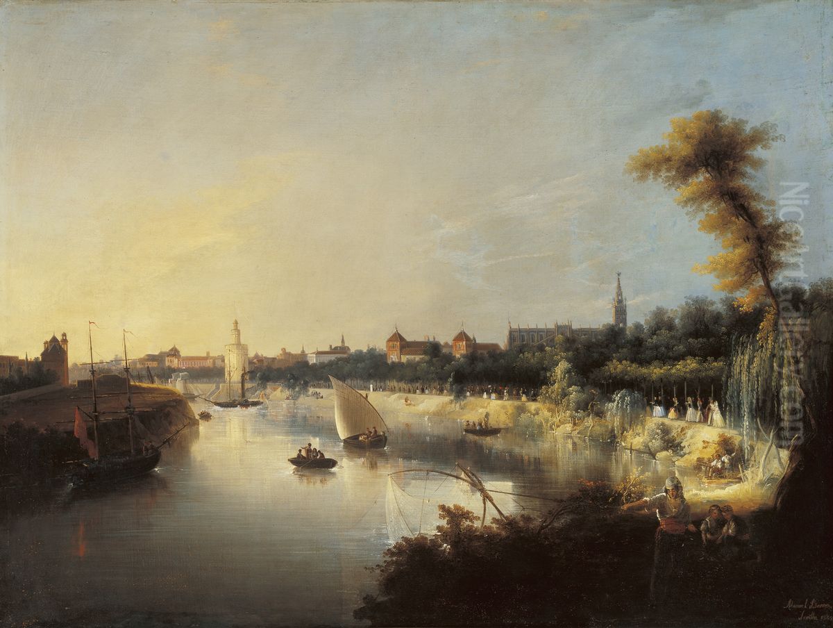 View of the River Guadalquivir Oil Painting by Manuel Barron y Carrillo