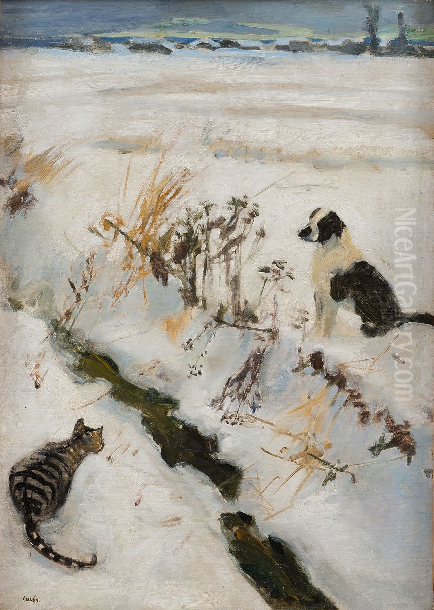 Kissa ja koira Oil Painting by Akseli Valdemar Gallen-Kallela