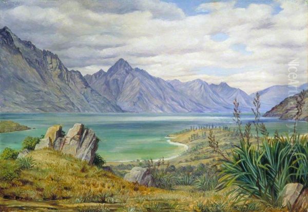 View of Lake Wakatipe, New Zealand (Lake Wakatipu) Oil Painting by Marianne North
