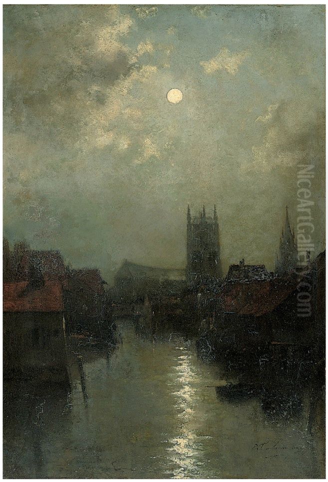Fischen in Gent, der Abend Oil Painting by Egide Francois Leemans