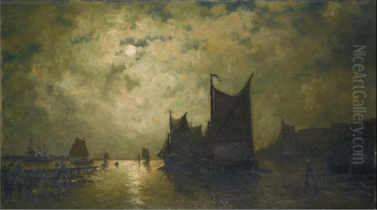 On the Amstel, shimmer of the moon Oil Painting by Egide Francois Leemans
