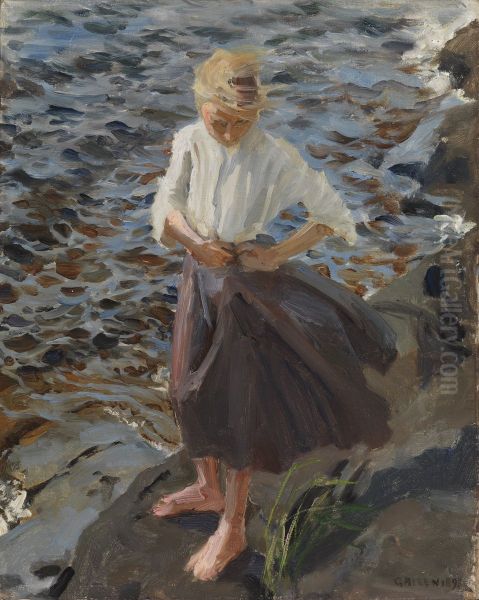 Tytto tuulessa Oil Painting by Akseli Gallen-Kallela