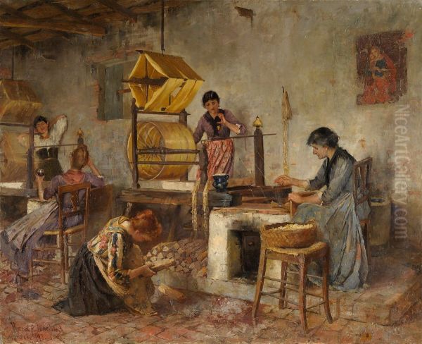 Italian woman with Spinners weasels (clock reels) Oil Painting by unknown