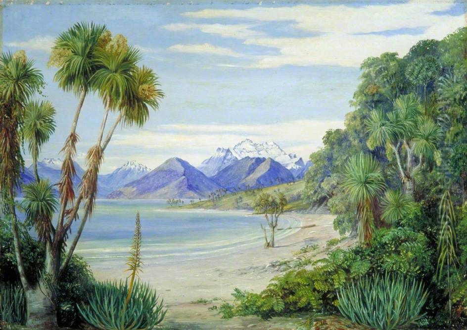 View of Mount Earnshaw from the Island in Lake Wakatipe, New Zealand (Lake Wakatipu) Oil Painting by Marianne North