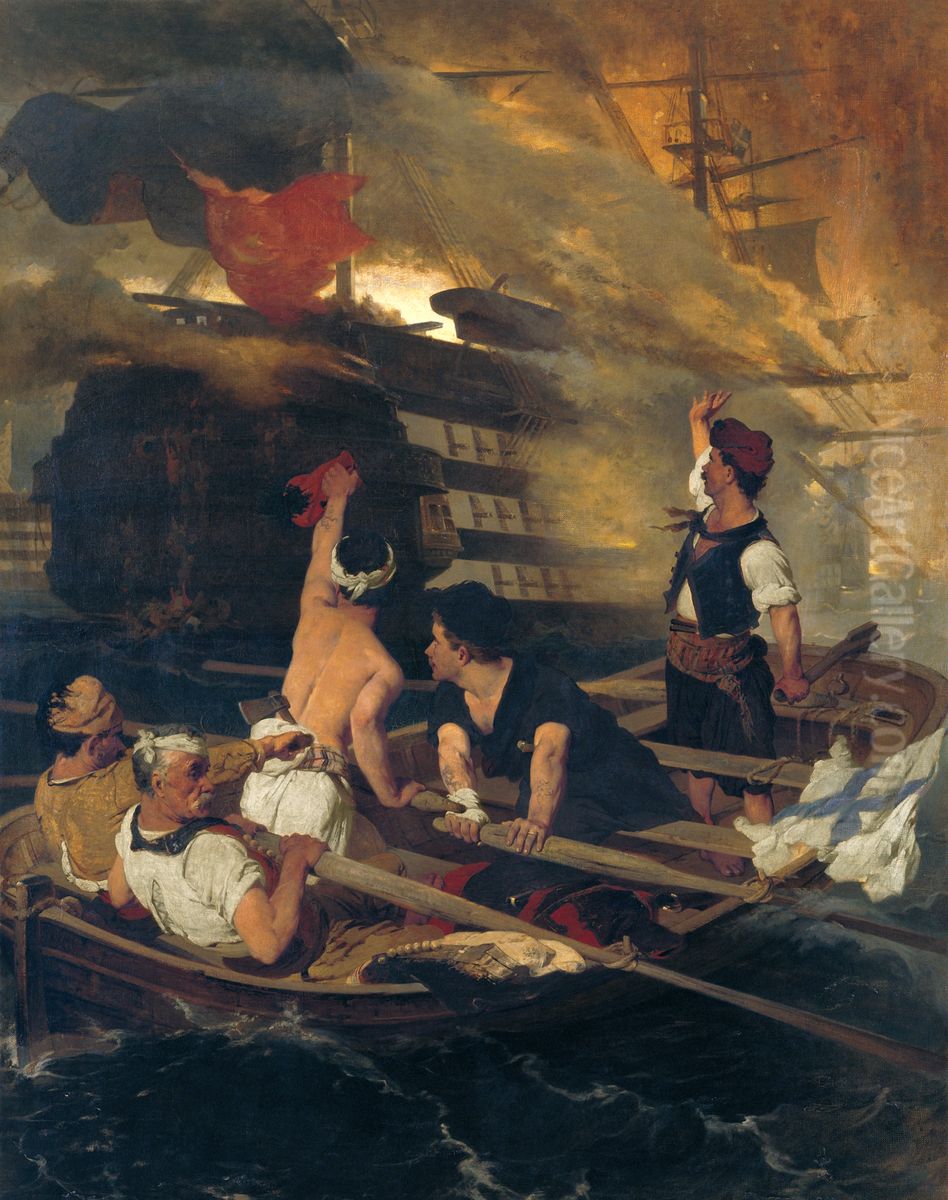 The Burning of the Turkish Flagship by Kanaris Oil Painting by Nikiforos Lytras