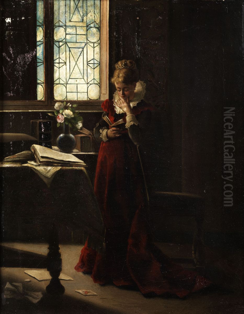 Dame in historischem Kostum vor einem Butzenscheiben-Fenster bei der Lekture Oil Painting by unknown