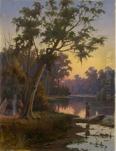 Australian River Scene Oil Painting by Ernest William Christmas