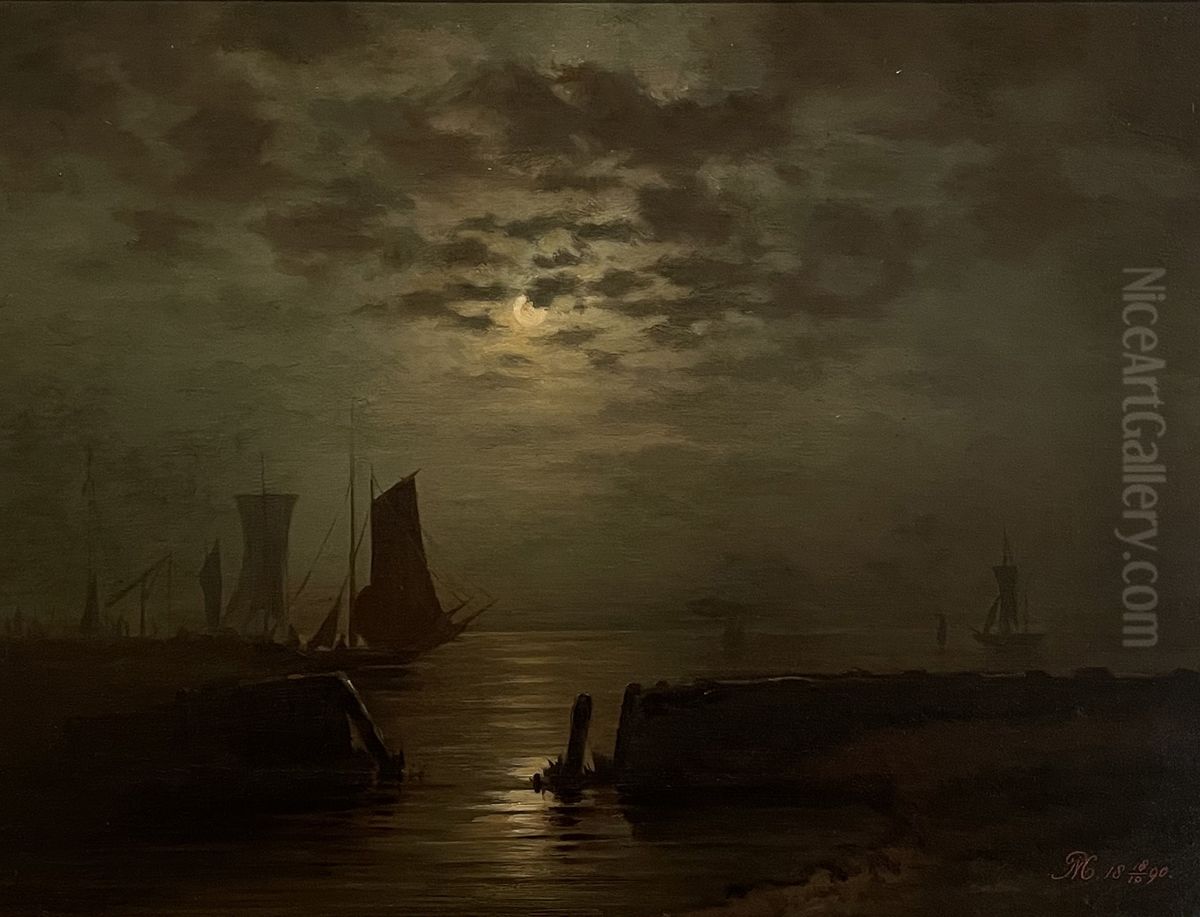 Ships in the moonlight Oil Painting by Piet Mondrian