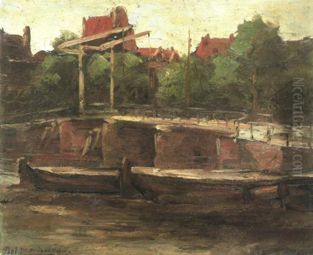 Waalseilandgracht with bridge and flat barges Oil Painting by Piet Mondrian