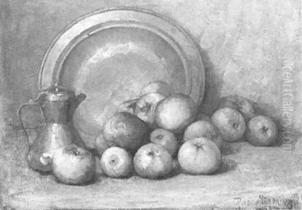 Apples, coffee pot and large copper pan Oil Painting by Piet Mondrian