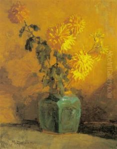 Yellow chrysanthemums in a ginger pot
