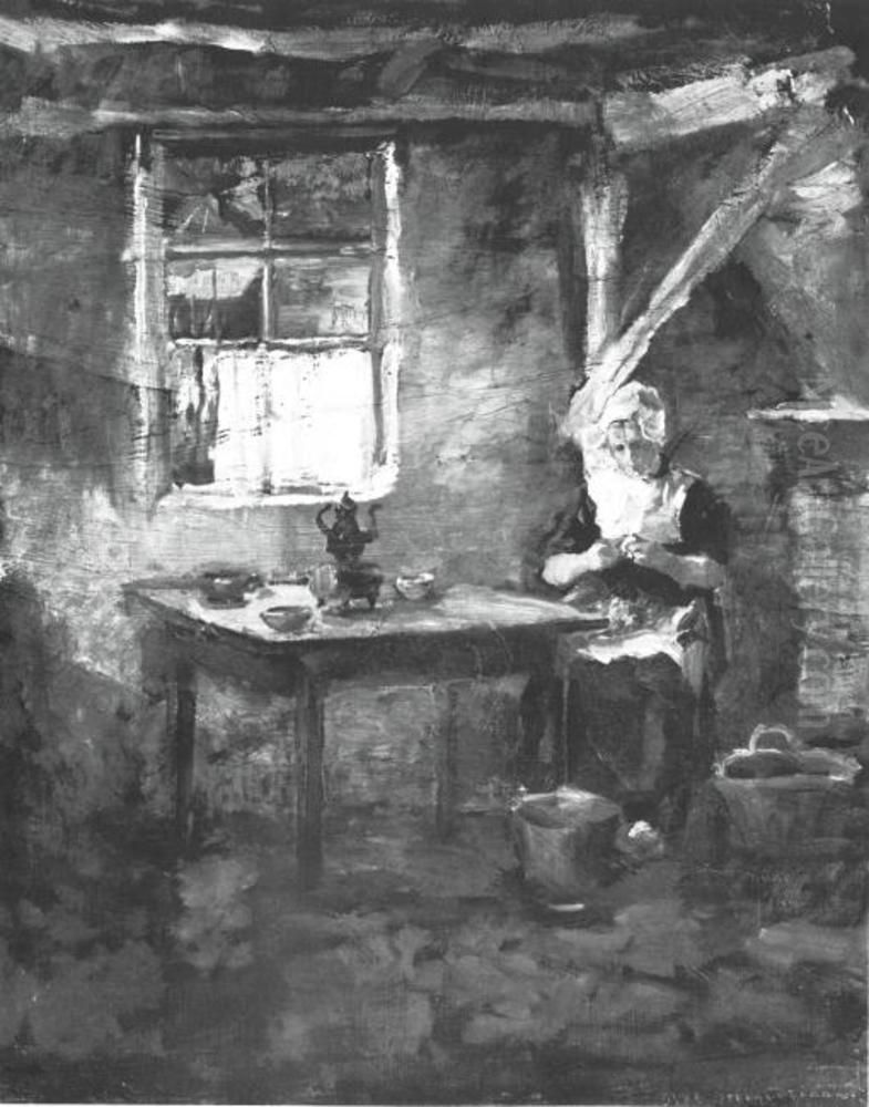 Farm interior with woman peeling potatoes Oil Painting by Piet Mondrian