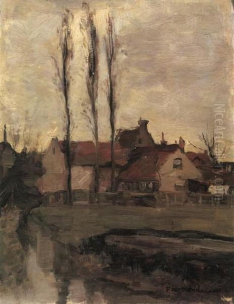 Three Italian poplars and buildings Oil Painting by Piet Mondrian