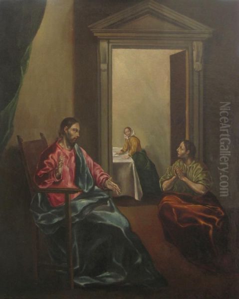 Cristo en casa de Marta y Maria Oil Painting by Jorge Manuel Theocupulus