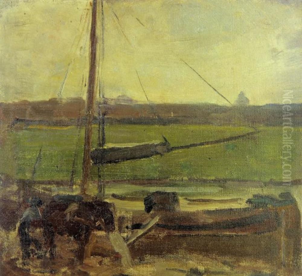 Polder with moored boat near Amsterdam II Oil Painting by Piet Mondrian