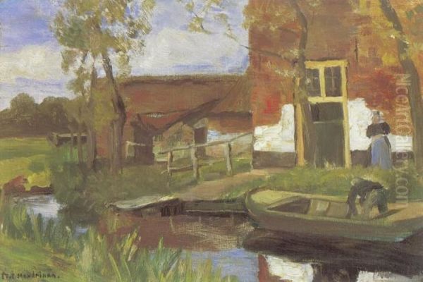Farm buildings near a canal with small boat Oil Painting by Piet Mondrian