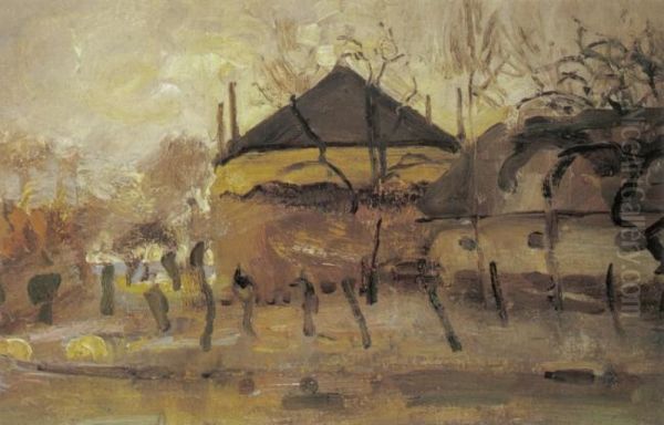 Barn and haystack behind row of willows Oil Painting by Piet Mondrian