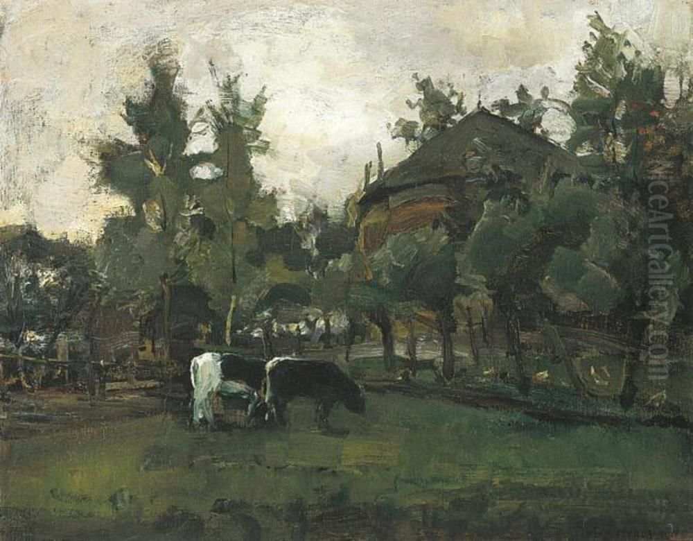 Farmyard sketch with two cows grazing Oil Painting by Piet Mondrian