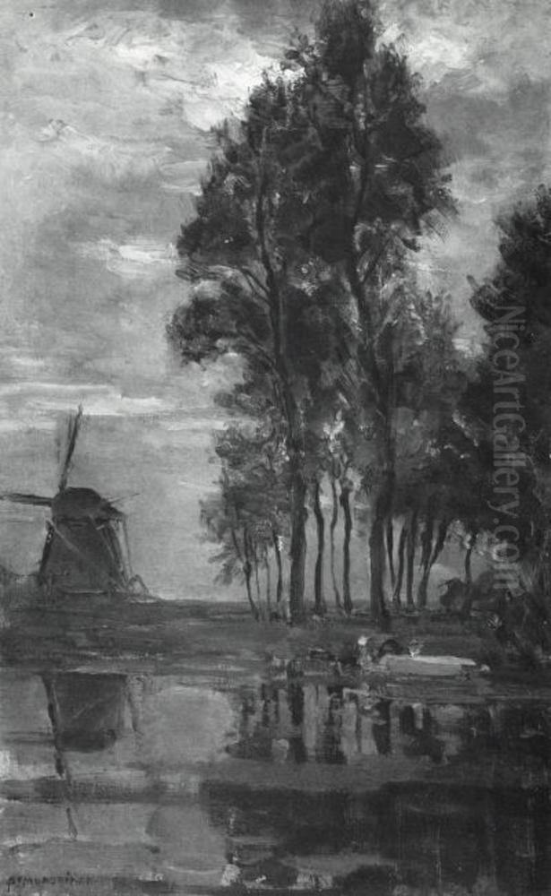 Windmill near tall trees with woman at the wash stoop Oil Painting by Piet Mondrian