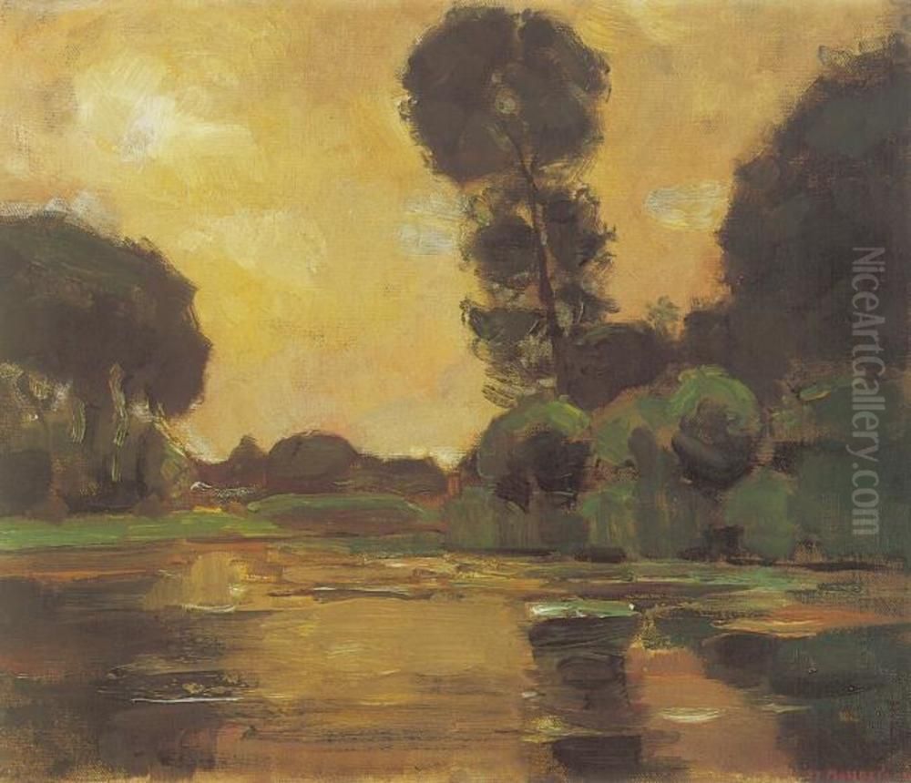 Isolated tree on the Gein with yellow-orange sky Oil Painting by Piet Mondrian