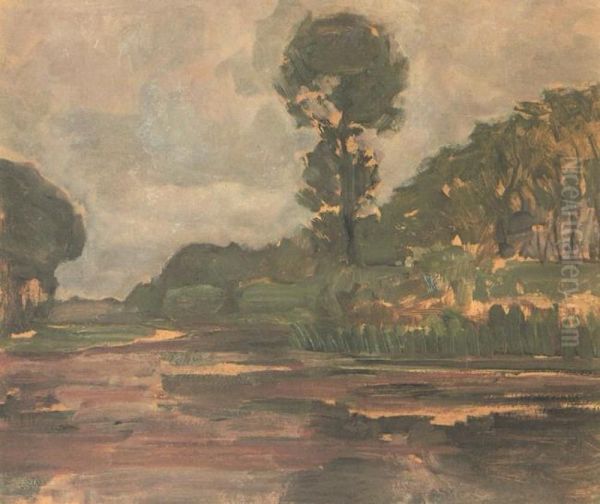 Isolated tree on the Gein with gray sky Oil Painting by Piet Mondrian
