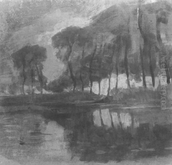 Bend in the Gein with poplars, three isolated Oil Painting by Piet Mondrian