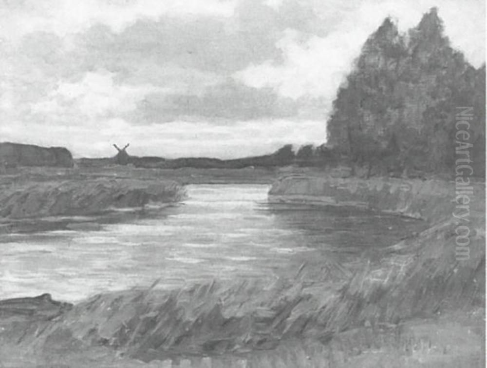 Meandering river, windmill in the distance Oil Painting by Piet Mondrian