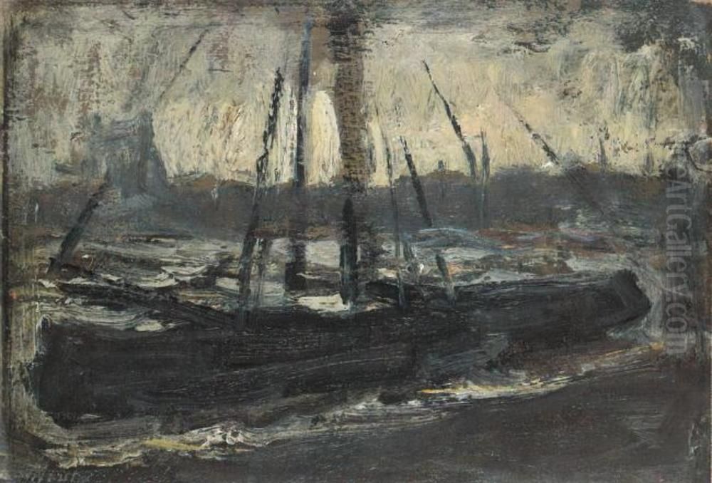 Moored tjalk in purple Oil Painting by Piet Mondrian