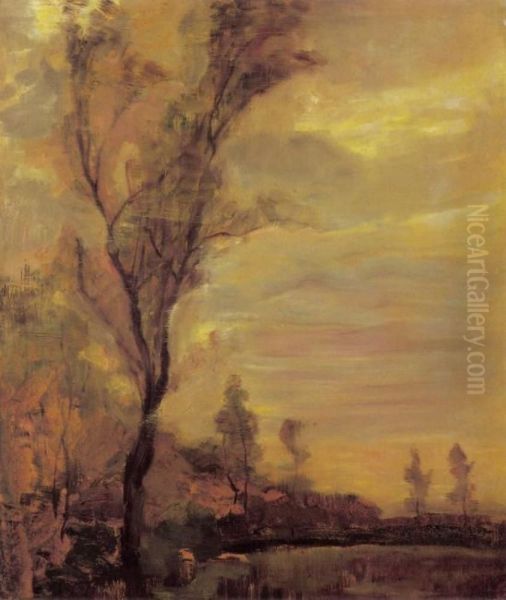 Field with row of trees at left Oil Painting by Piet Mondrian