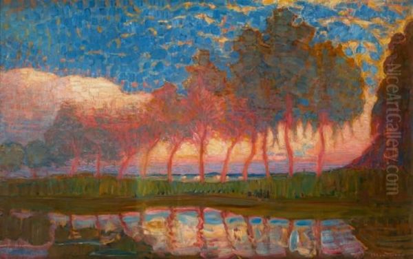 Row of eleven poplars in red, yellow, blue and green Oil Painting by Piet Mondrian