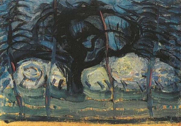 Apple tree in blue with wavy lines I Oil Painting by Piet Mondrian