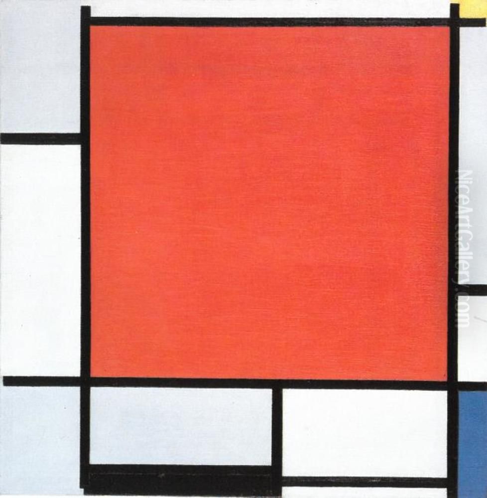 Composition with large red plane, bluish gray, yellow, black, and blue Oil Painting by Piet Mondrian