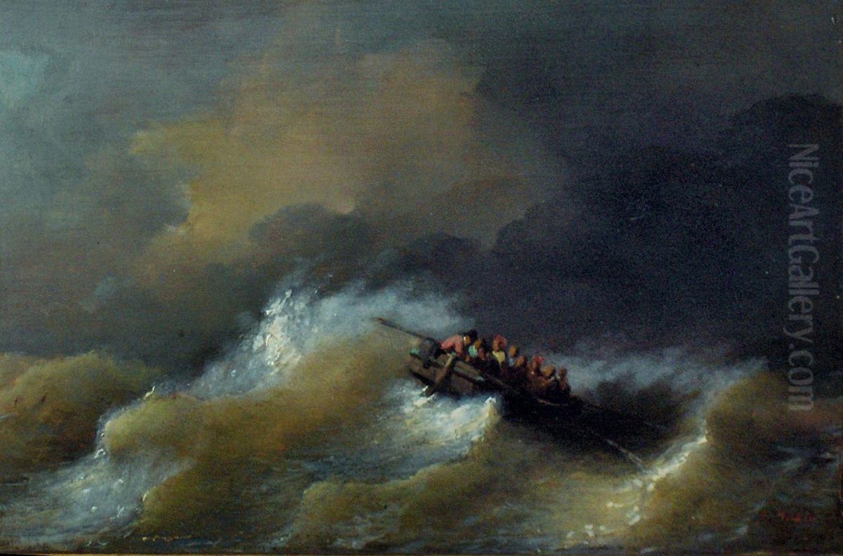 Rowing boat in stormy weather Oil Painting by Francois Musin
