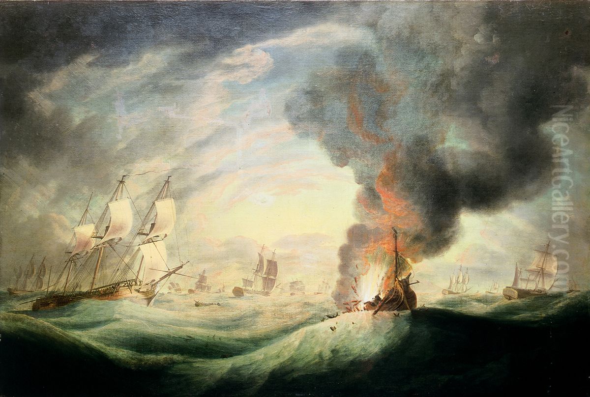 Loss of HMS Ramillies, September 1782 blowing up of the wreck Oil Painting by Robert Dodd