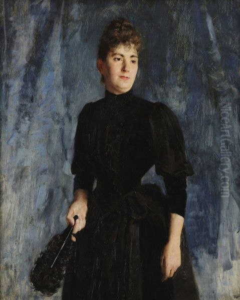 Woman with a fan Oil Painting by Jose Julio de Sousa Pinto