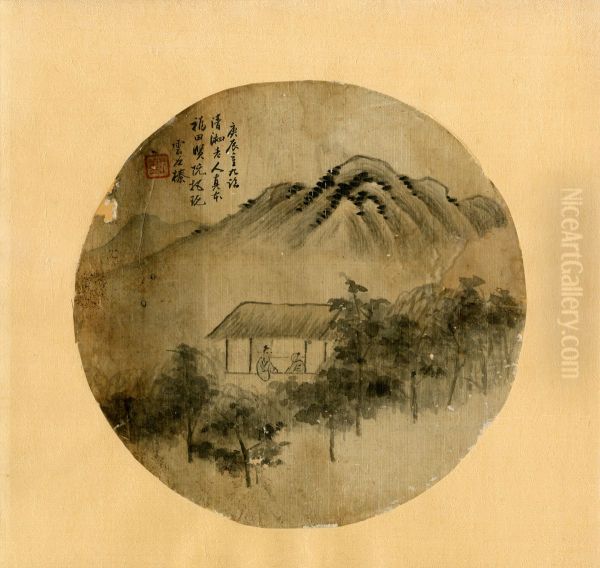 Album painting of two men in a cottage in a mountain landscape. Oil Painting by unknown