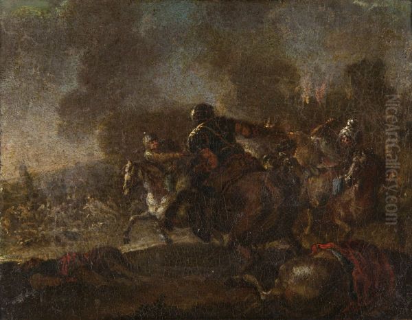 North African Battle Scene. Oil Painting by Jacques Courtois