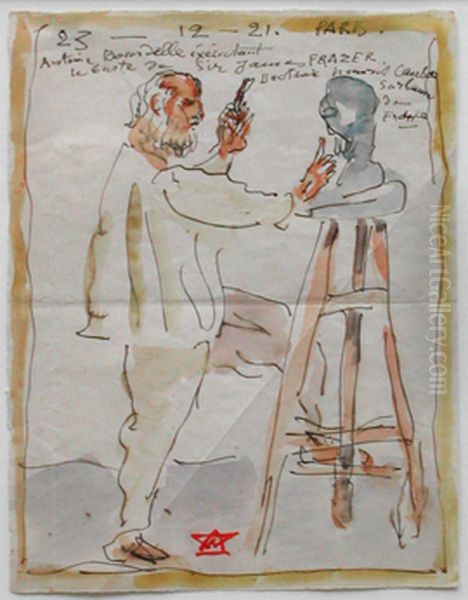 Self Portrait of the Artist Sculpting a Bust of James Frazer Oil Painting by Antoine Bourdelle