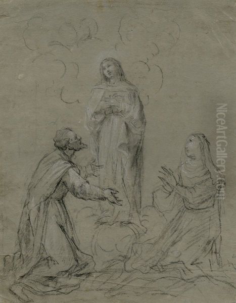 Two Saints Adoring Madonna. Oil Painting by unknown