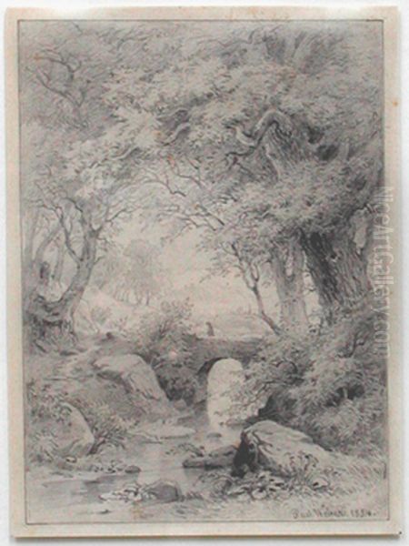 Untitled (Pastoral scene w/ figure crossing a bridge) Oil Painting by Paul Weber