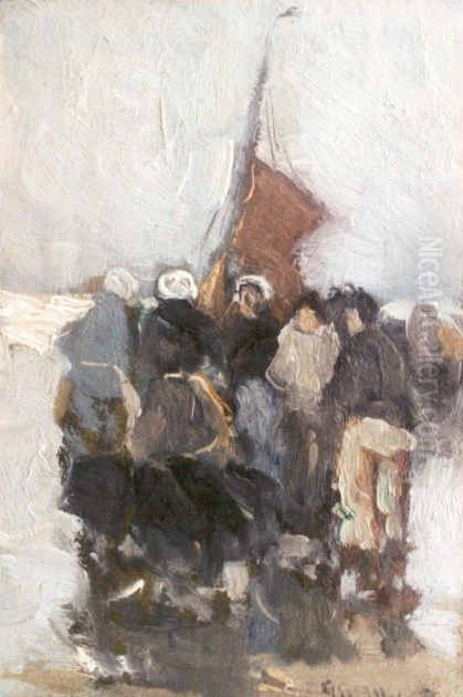 Fisher women on the beach Oil Painting by Gerhard Morgenstjerne Munthe