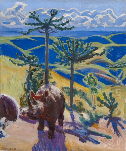 Sarvikuono ja euforbiapuita Oil Painting by Akseli Gallen-Kallela