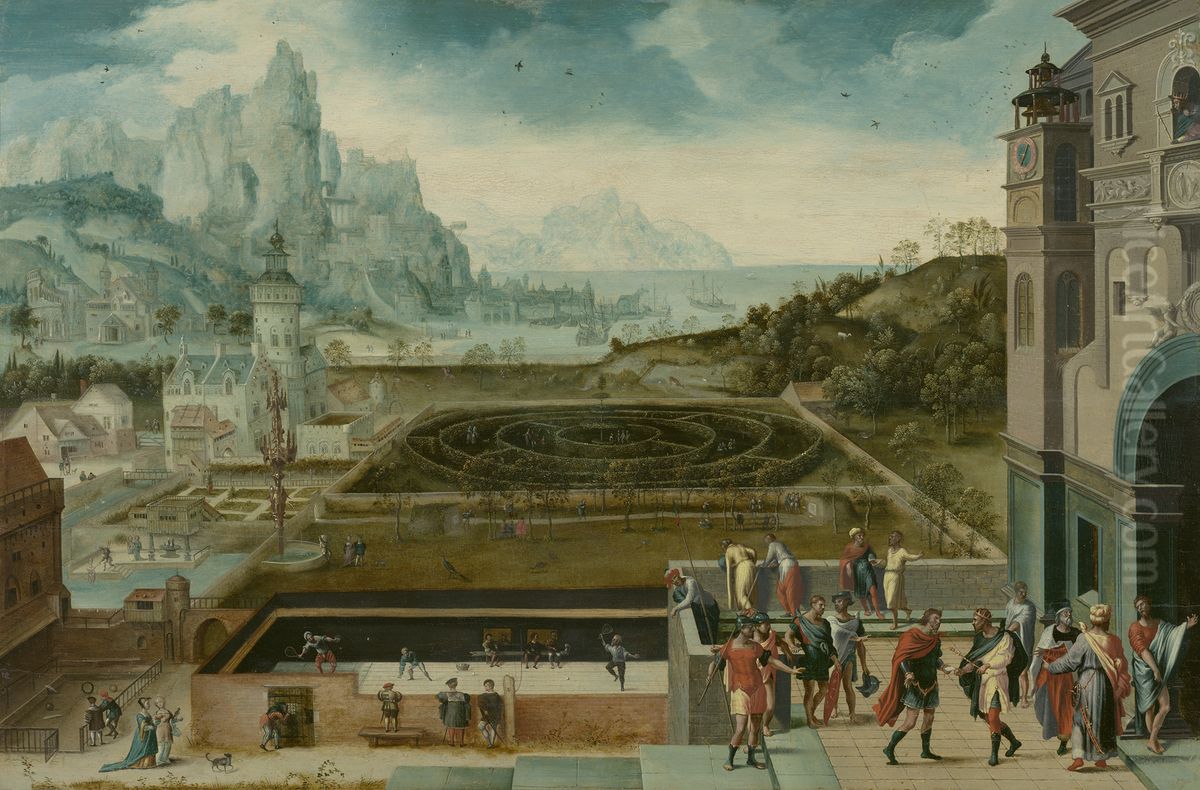 Hudoznik Gerri met de Bles (1480-1555), persa plovina 16 st. Pejzaz z biblijnou istorieu pro cara Davida i Virsaviu, Muzej Gardner, Boston, SSA Oil Painting by Herri met de Bles
